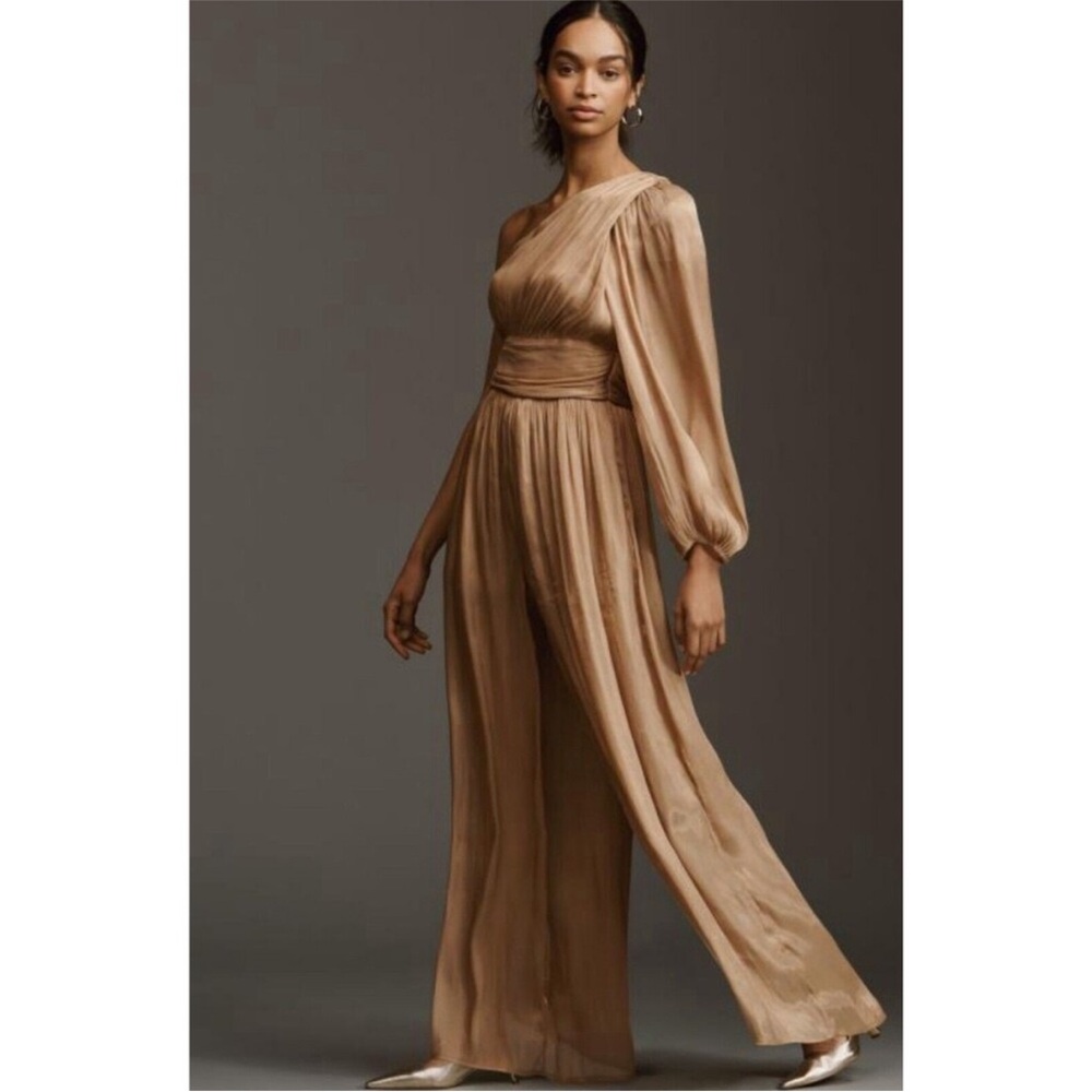 Anthropologie Tan Wide-Leg Jumpsuit with Silky Finish